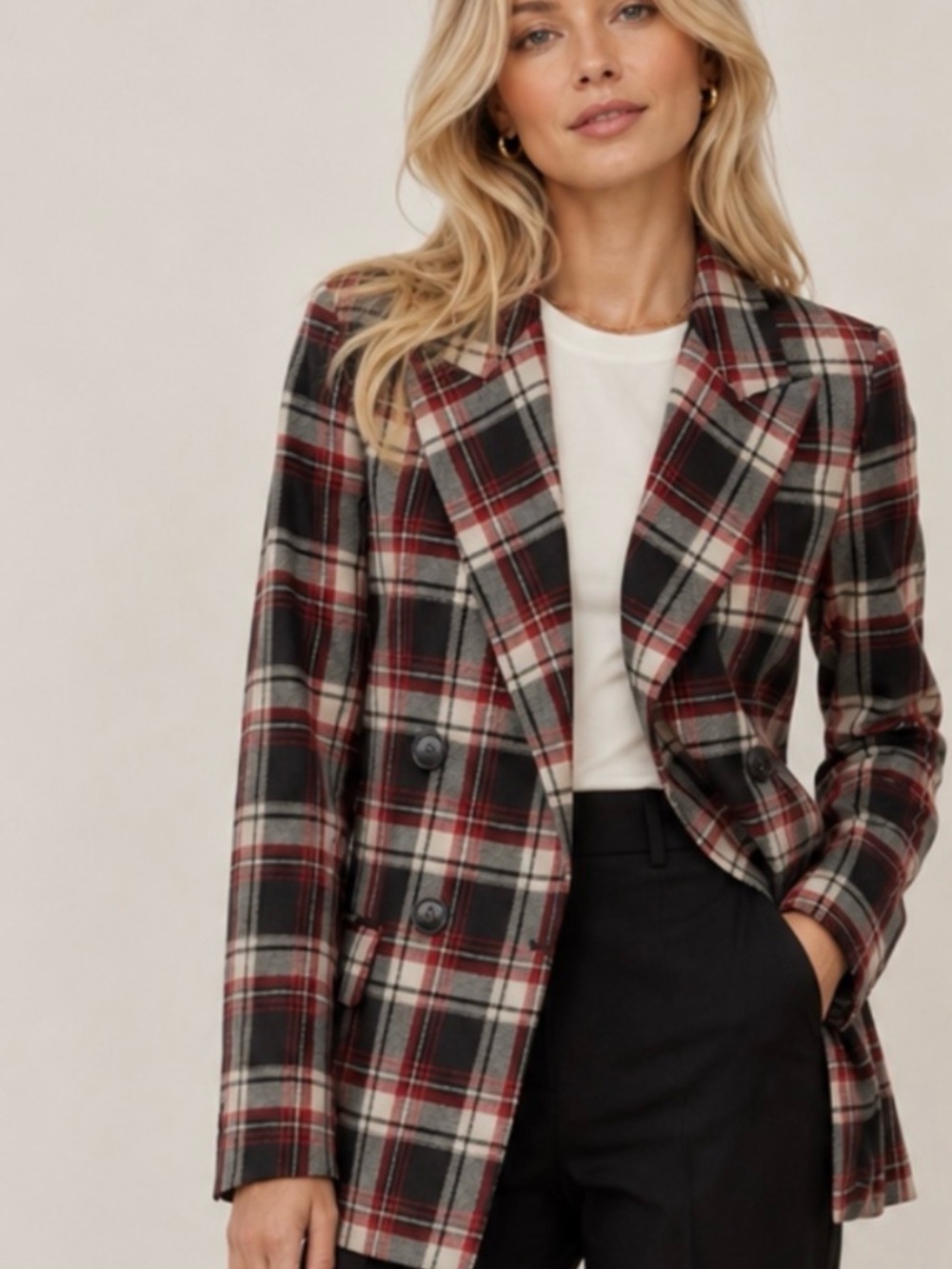 H & M Women Classic Preppy Tartan Plaid Double Breasted Blazer Jacket Oversized